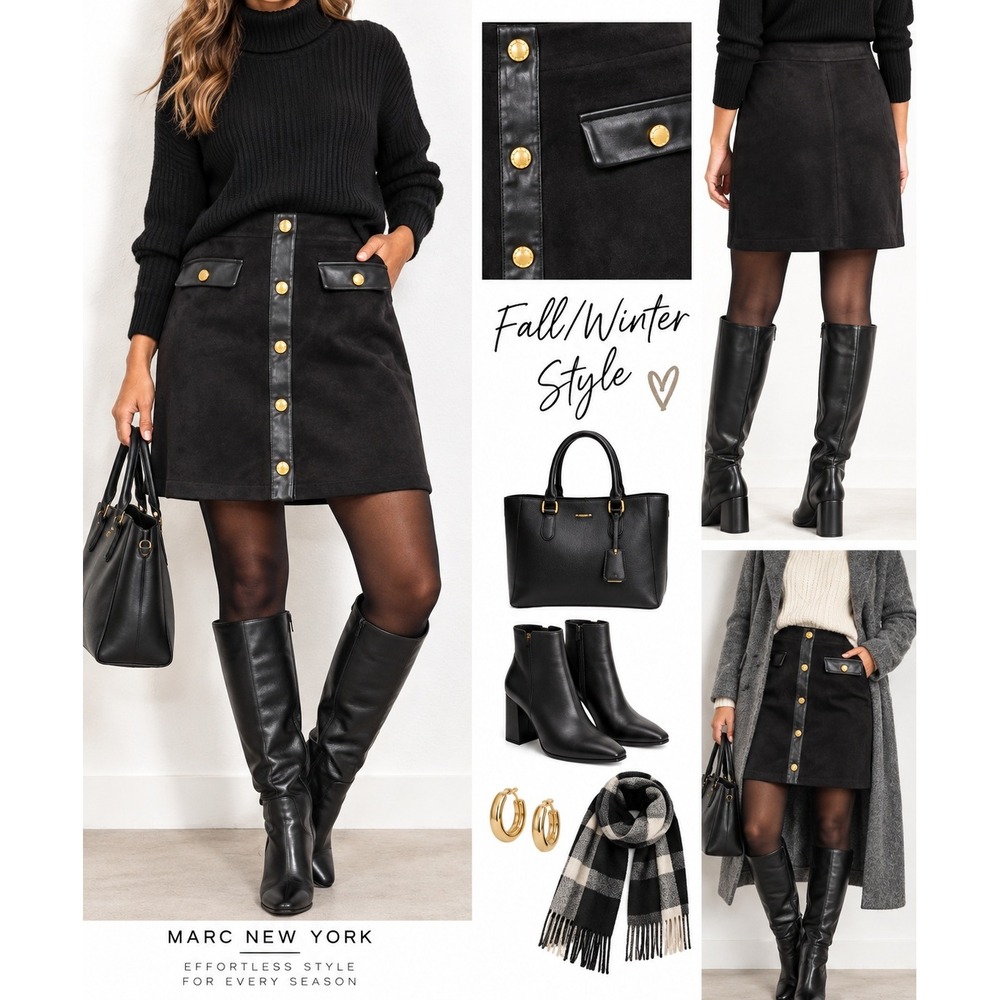 Marc New York Women Faux Suede Leather Trim Snap Front‎ Skirt Black XL M5MSE278